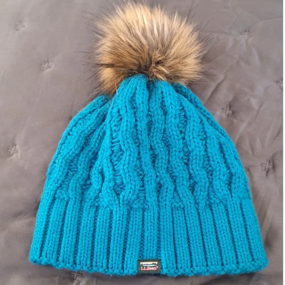 L.L. Bean Kid Beanie OS Teal Cable Knit Fleece Lined Pom Outdoor Winter Gorpcore